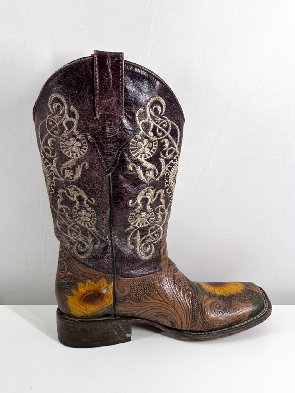 Vintage Old Corral Boho Sunflower Hand-Tooled Leather Western Cowboy Boots 6.5-7 - Picture 2 of 8